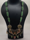 Haridra Beaded Cascade 925 oxidized silver necklace with layered light green beads enamel pendant and dangling charms