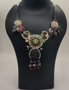 Temple Medallion Regal 925 oxidized silver necklace with green enamel centerpiece pearl halo and multicolor gemstones