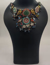 925 oxidized silver necklace with bird and elephant motifs and multicolor stones