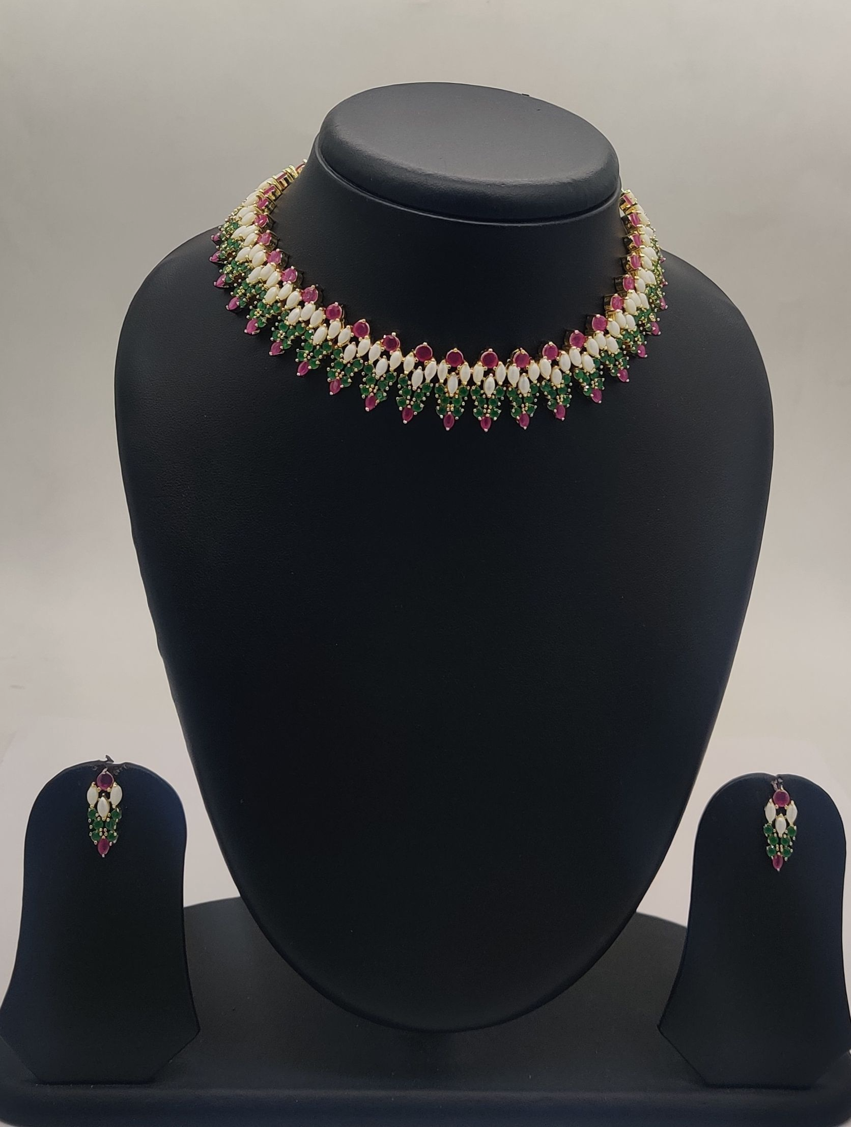 Handcrafted Natural pearl Necklace With pink and Green stones