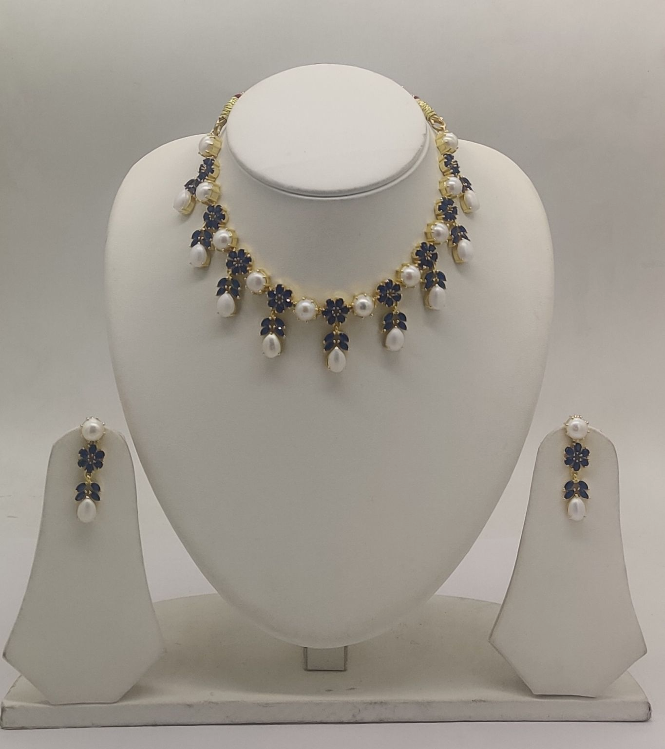 Handwoven pearl Necklace With Blue stones