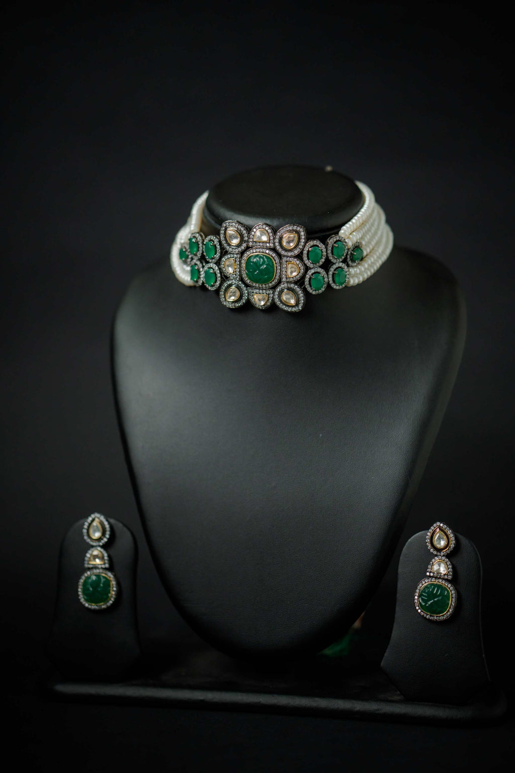 Polki and emerald genuine freshwater pearl necklace and earrings set for women