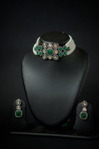 Polki and emerald genuine freshwater pearl necklace and earrings set for women