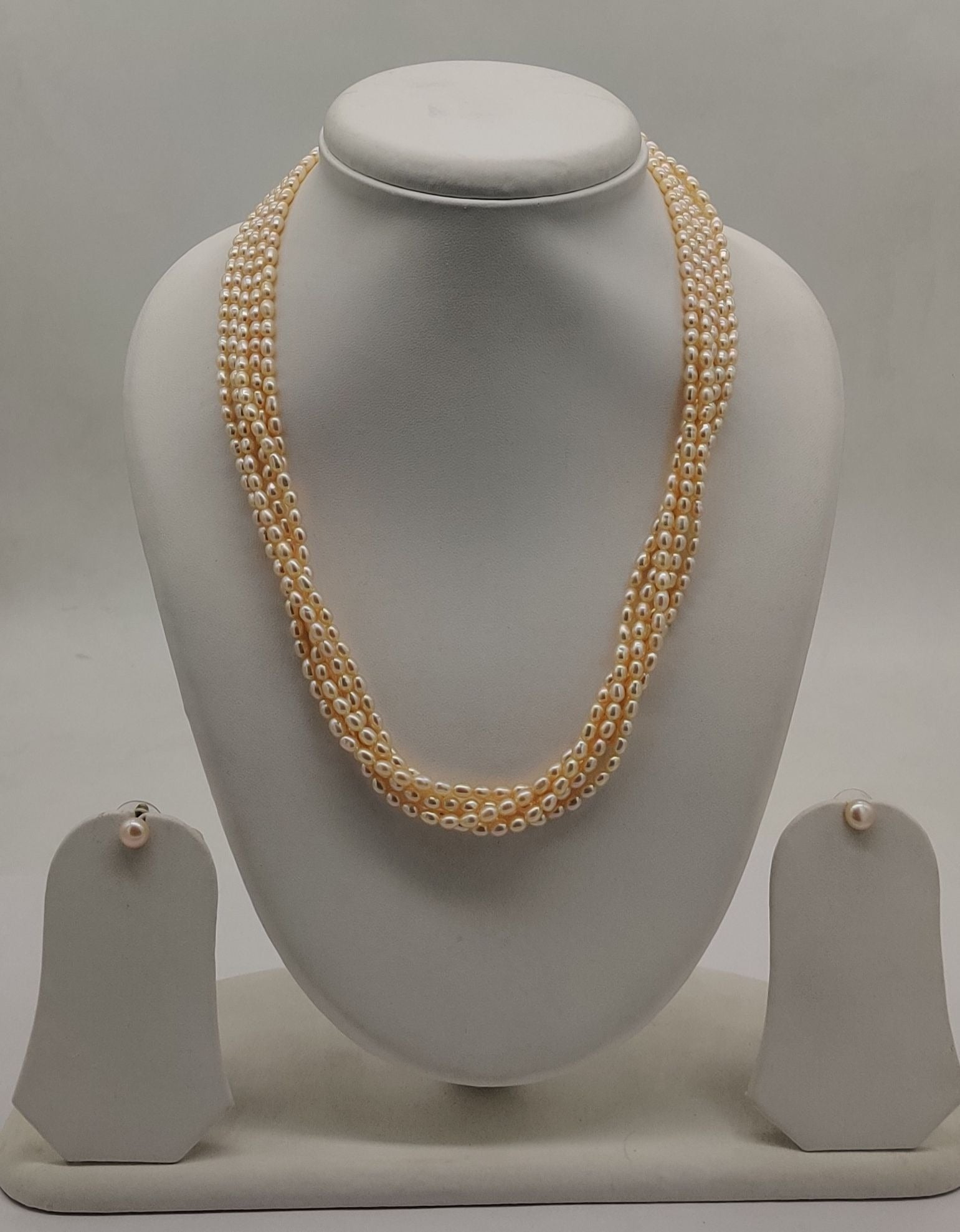 five-line twisted freshwater natural pink rice pearl necklace and earrings set for women