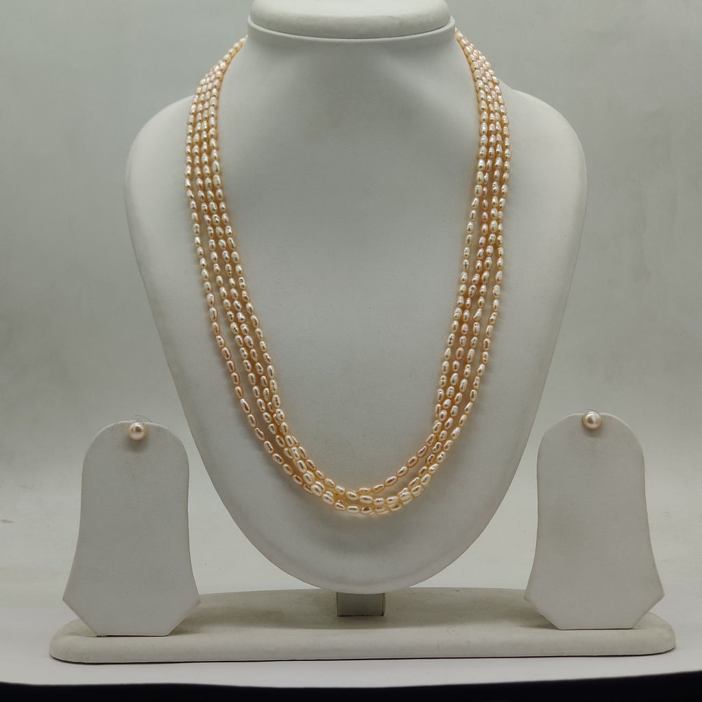 four-line twisted freshwater natural pink rice pearl necklace and earrings set for women