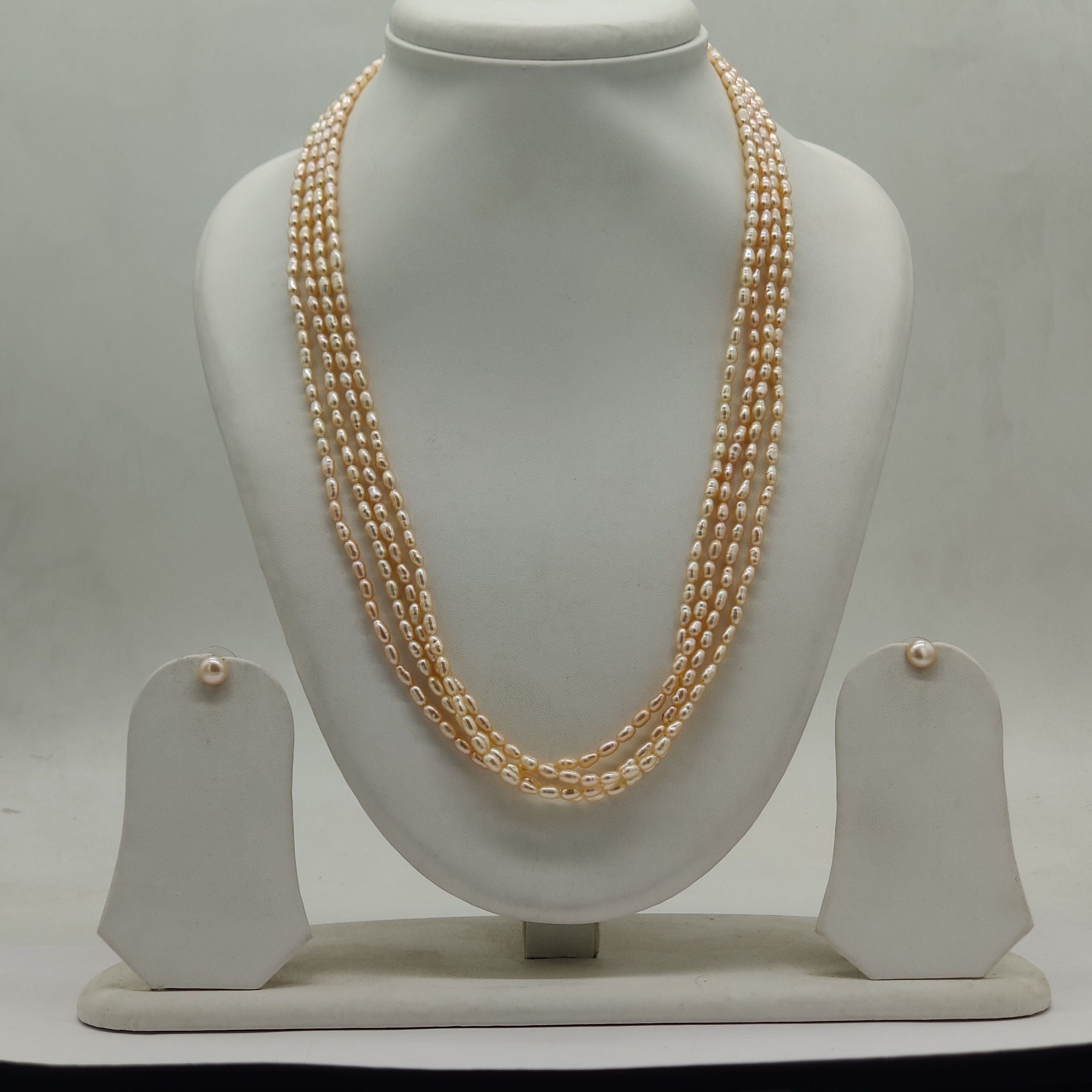 four-line twisted freshwater natural pink rice pearl necklace and earrings set for women
