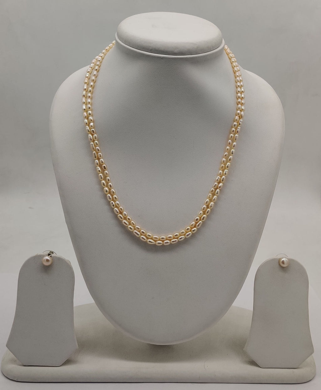 two-line freshwater rice pearl necklace and earrings set for women in natural white pearls