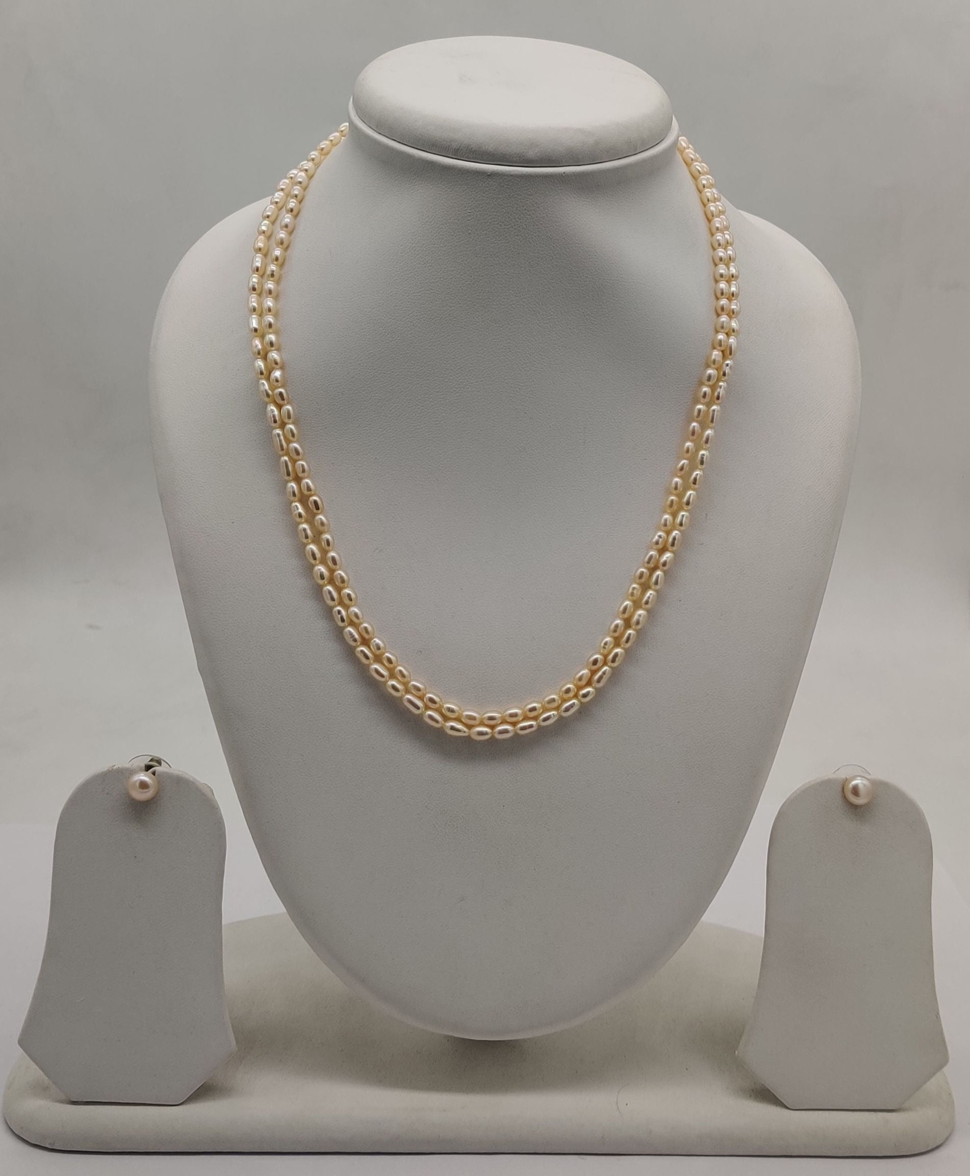 two-line freshwater rice pearl necklace and earrings set for women in natural white pearls