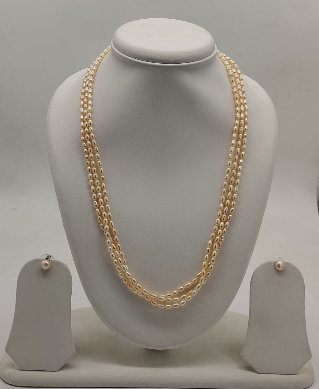 three-line freshwater natural pink rice pearl necklace and earrings set for women