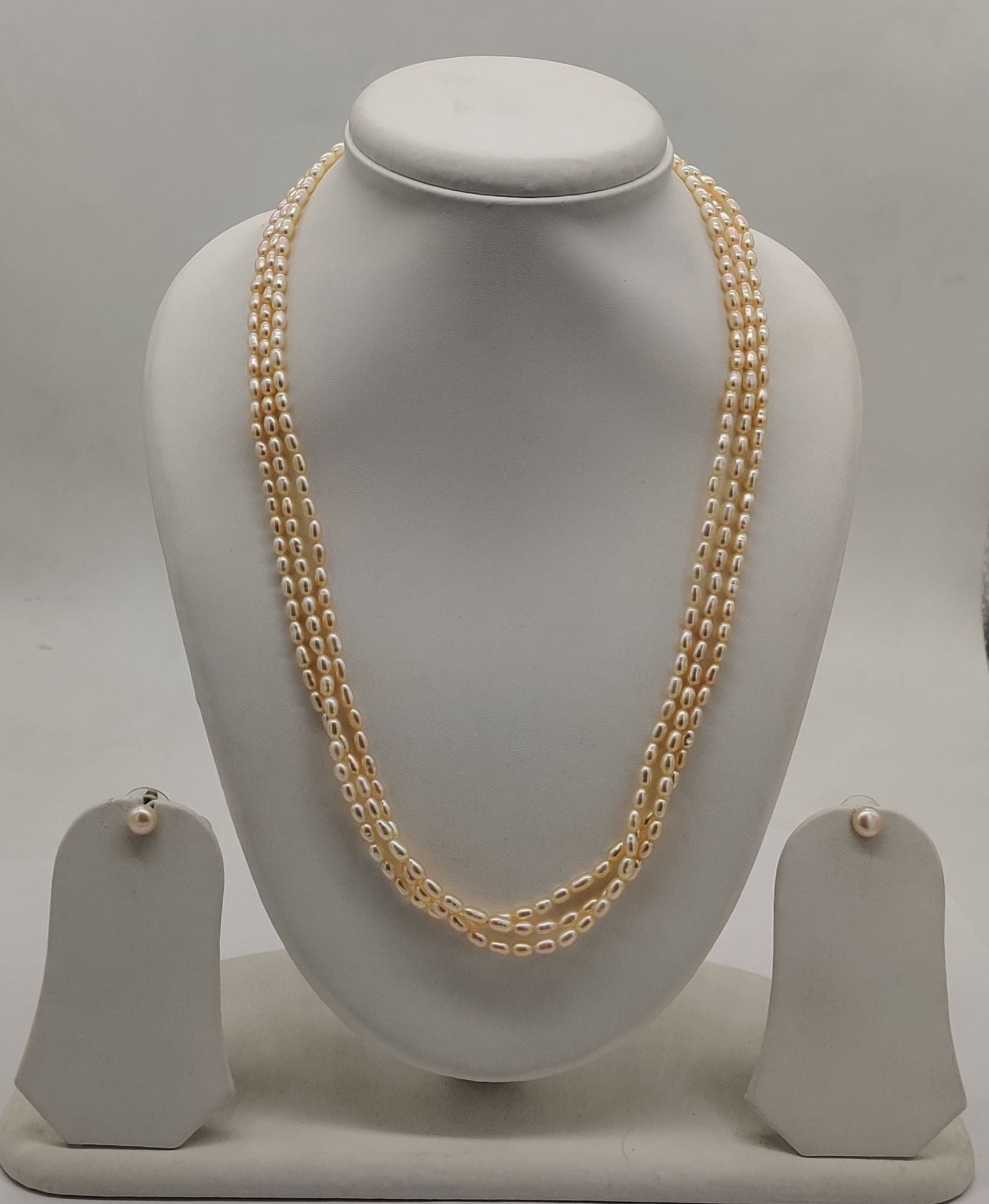 three-line freshwater natural pink rice pearl necklace and earrings set for women