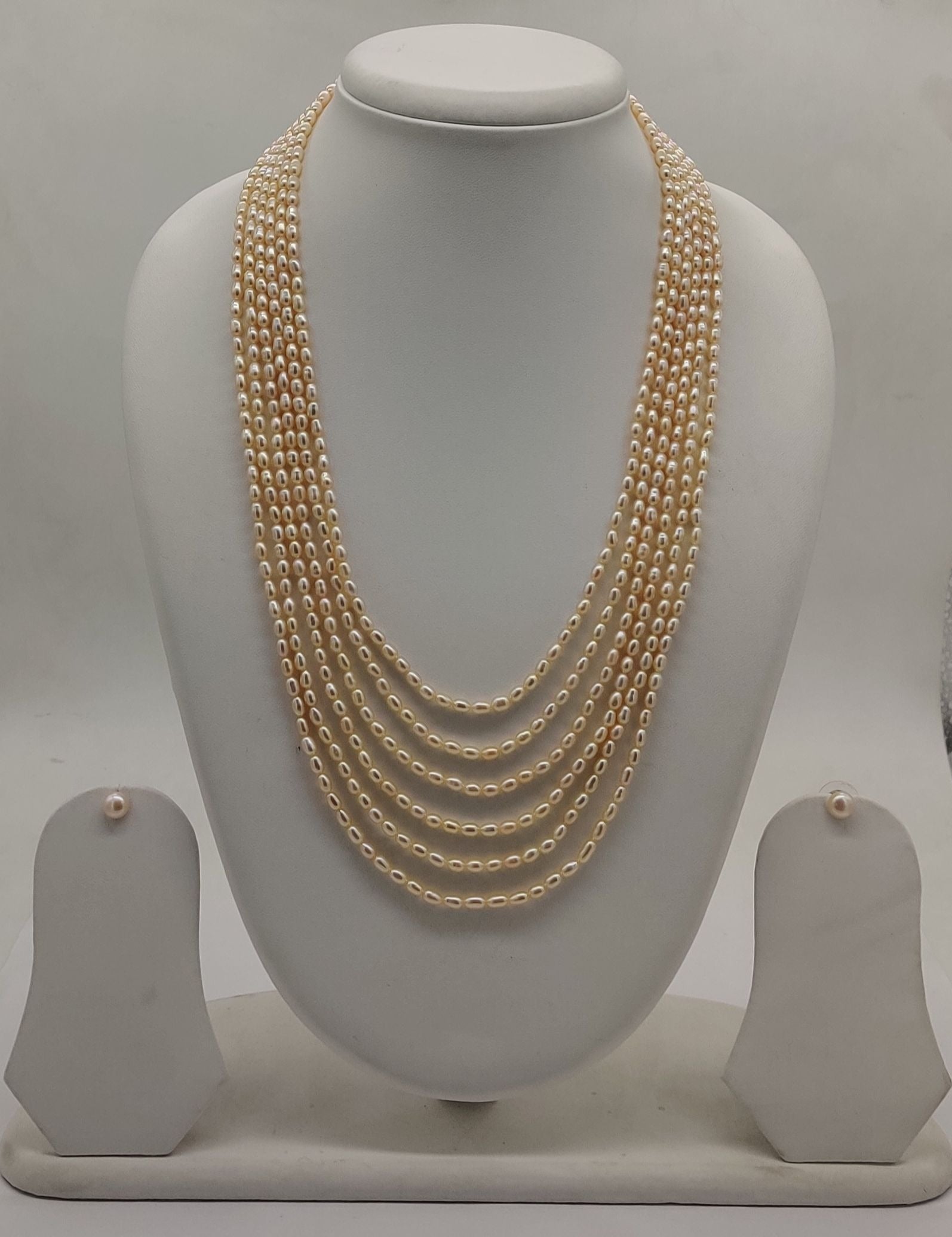 six-line freshwater rice pearl necklace and earrings set for women in natural off white rice pearls