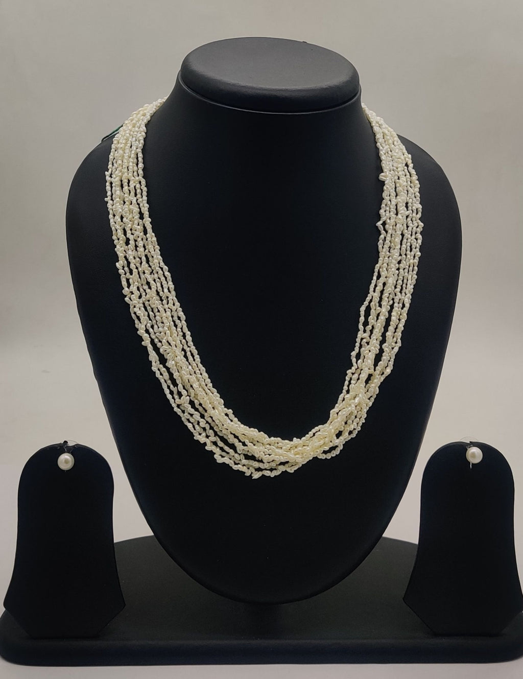 multi-strand freshwater rice pearl necklace and stud earrings set for women in natural off white seed-style pearls