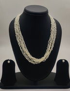multi-strand freshwater rice pearl necklace and stud earrings set for women in natural off white seed-style pearls