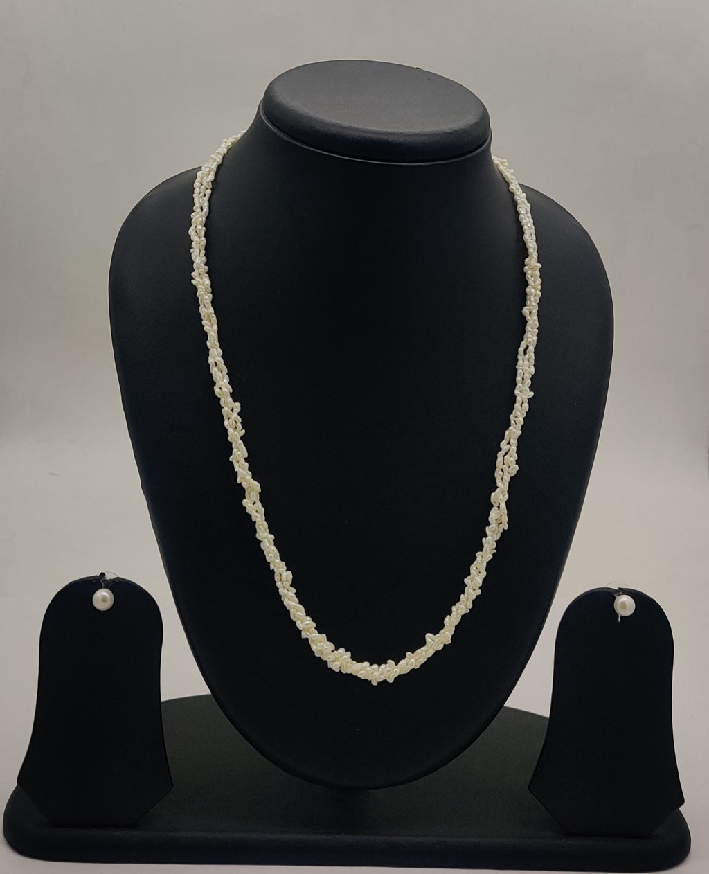 triple-strand twisted freshwater rice pearl necklace and stud earrings set for women in natural off white seed-style pearls
