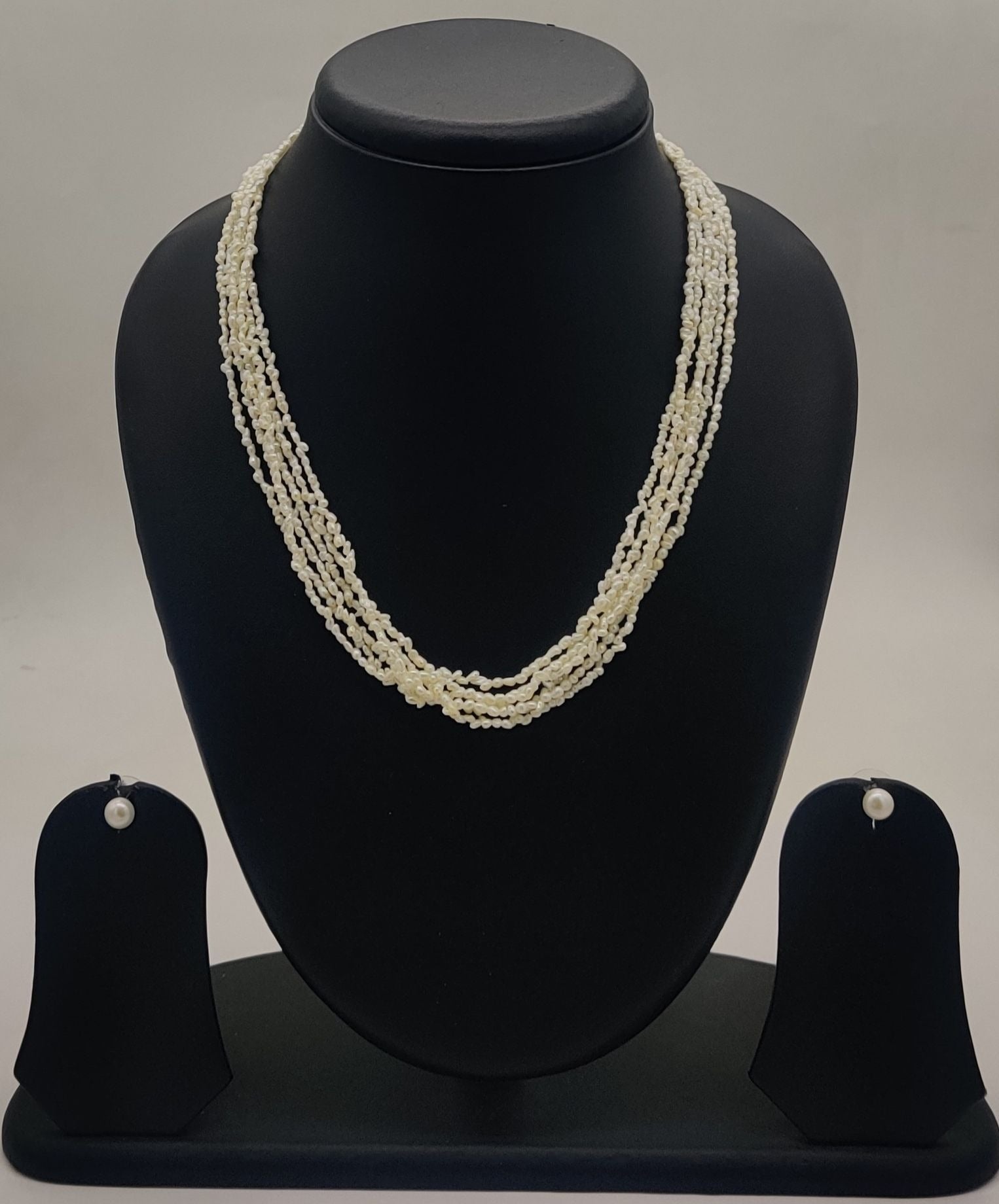 multi-strand freshwater rice pearl necklace and stud earrings set for women in natural off white seed-style pearls