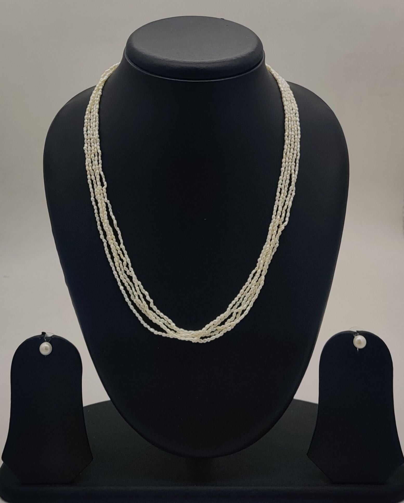 multi-strand freshwater rice pearl necklace and stud earrings set for women in natural off white oval pearls