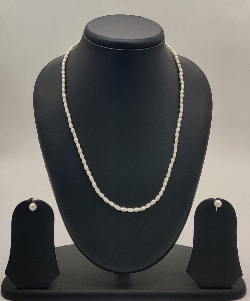 single-strand freshwater rice pearl necklace and stud earrings set for women in natural off white oval pearls