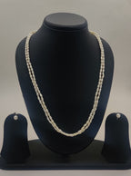 two-strand freshwater rice pearl necklace and stud earrings set for women in natural off white oval pearls