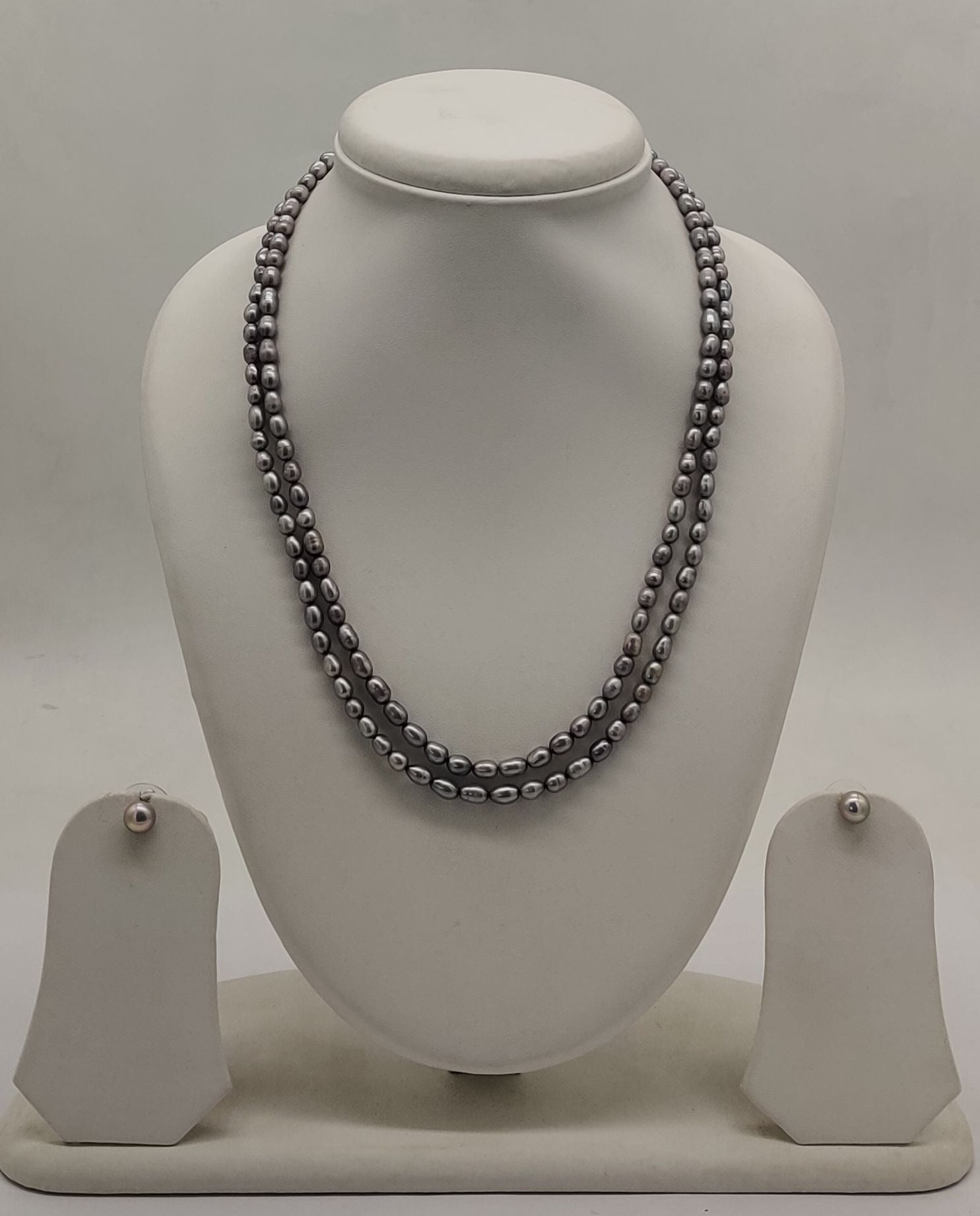genuine freshwater pearl necklace and earrings set for women crafted with freshwater pearls in double-strand grey design