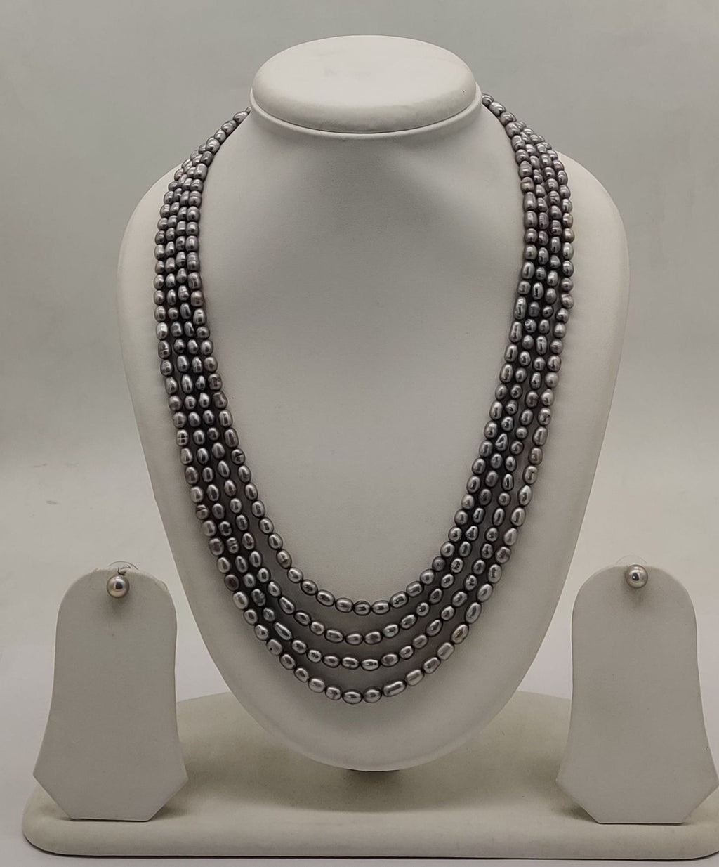 genuine freshwater pearl necklace and earrings set for women in grey multi-strand design