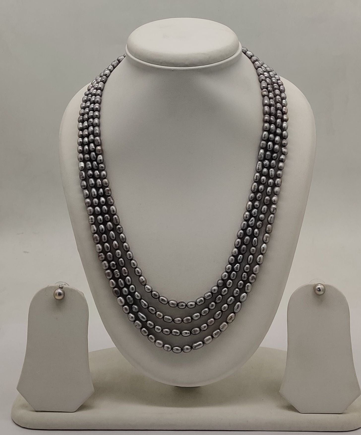 genuine freshwater pearl necklace and earrings set for women in grey multi-strand design