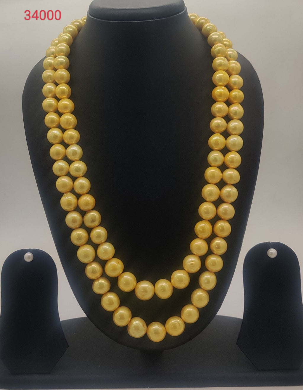 Golden yellow double-line freshwater pearl necklace and earrings set for women
