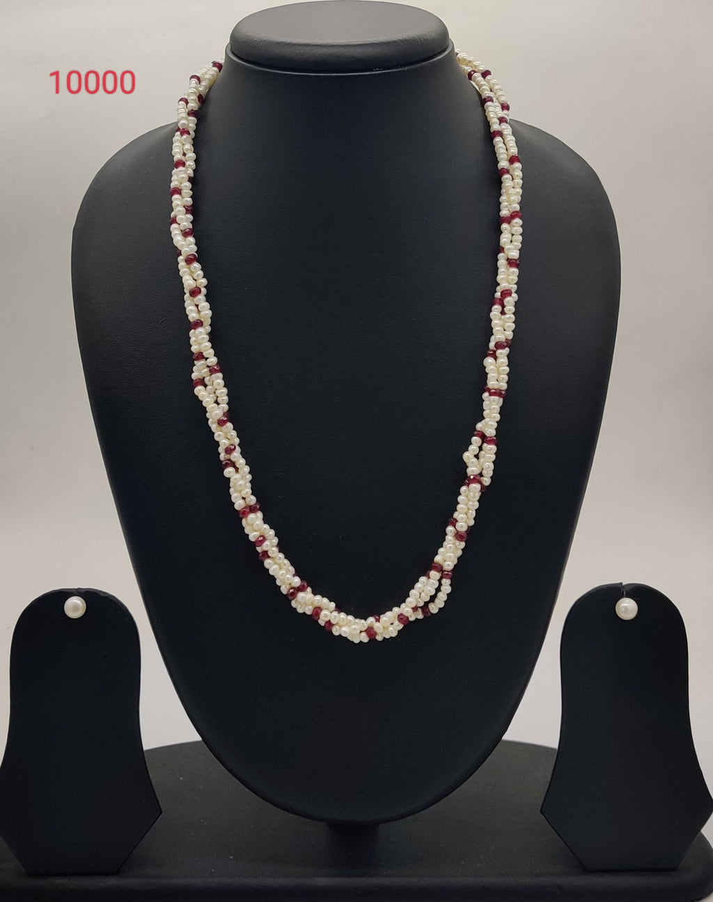 three strand twisted freshwater pearl necklace and earrings set white flat pearls with red bead accents