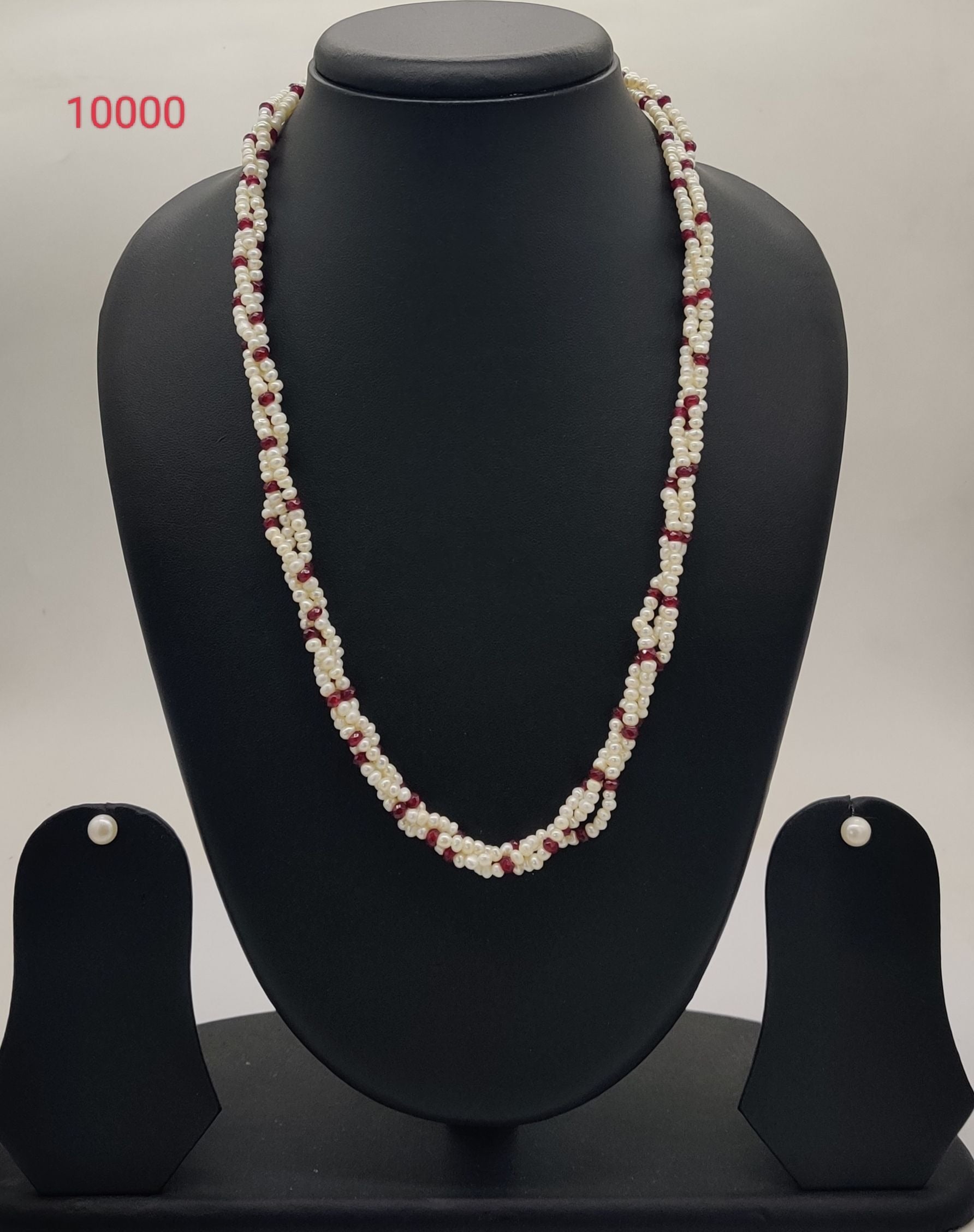 three strand twisted freshwater pearl necklace and earrings set white flat pearls with red bead accents
