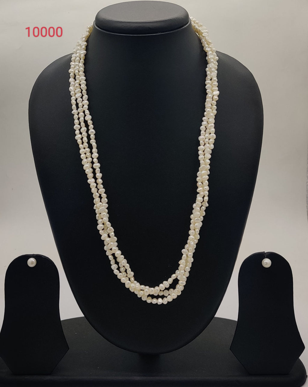 three strand seed freshwater pearl necklace and earrings set off white flat pearls layered classic design