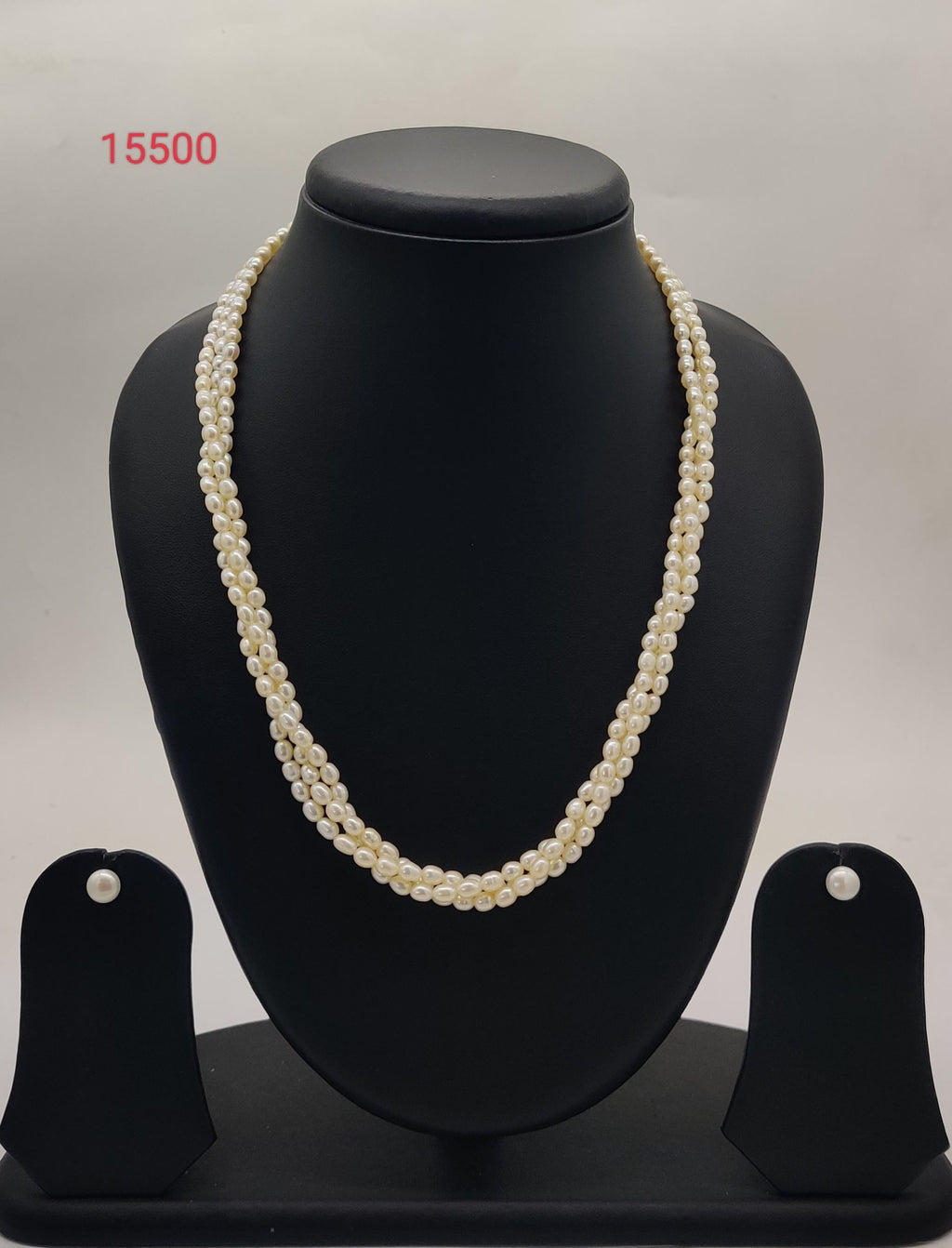 three strand freshwater pearl necklace and earrings set white oval pearls