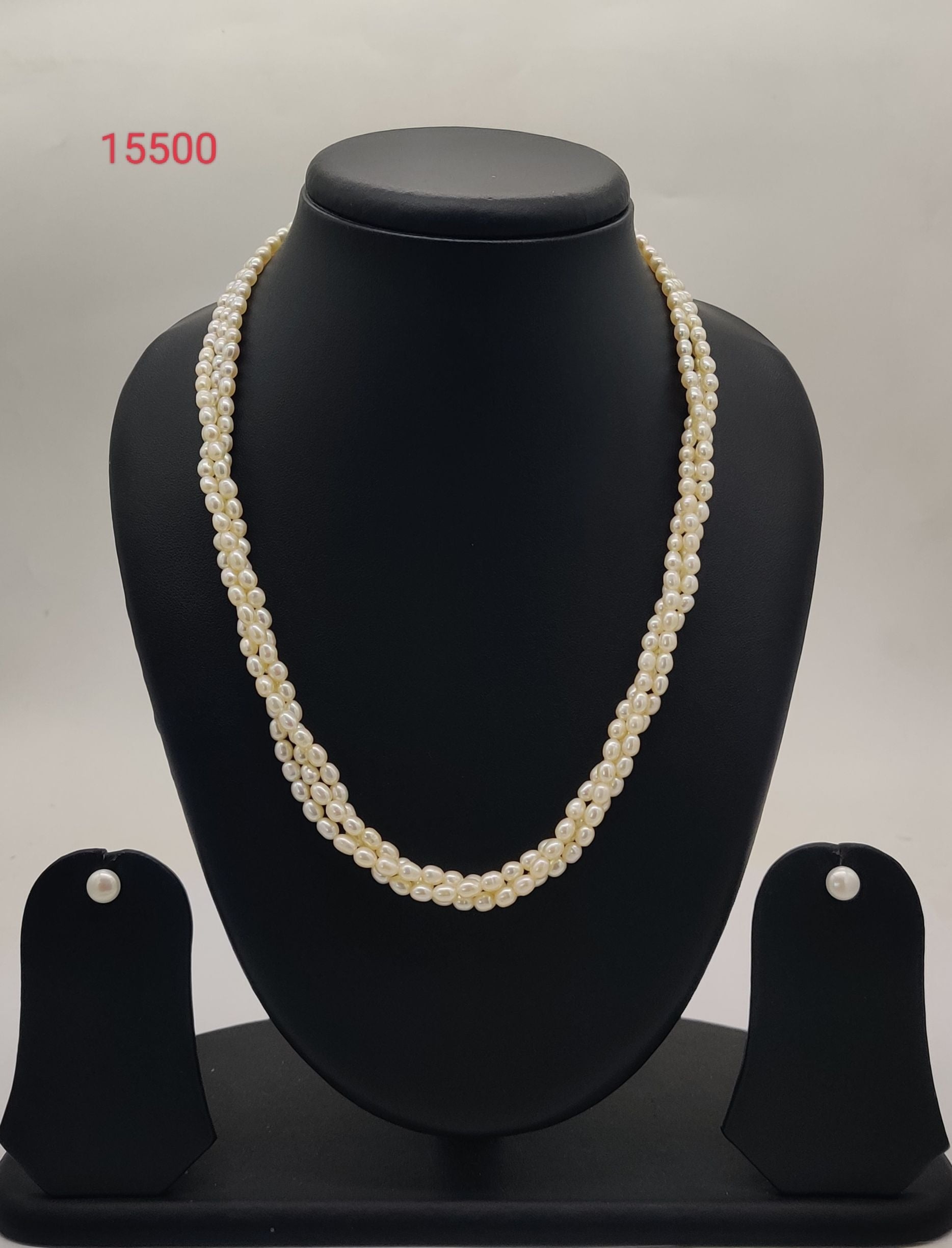 three strand freshwater pearl necklace and earrings set white oval pearls