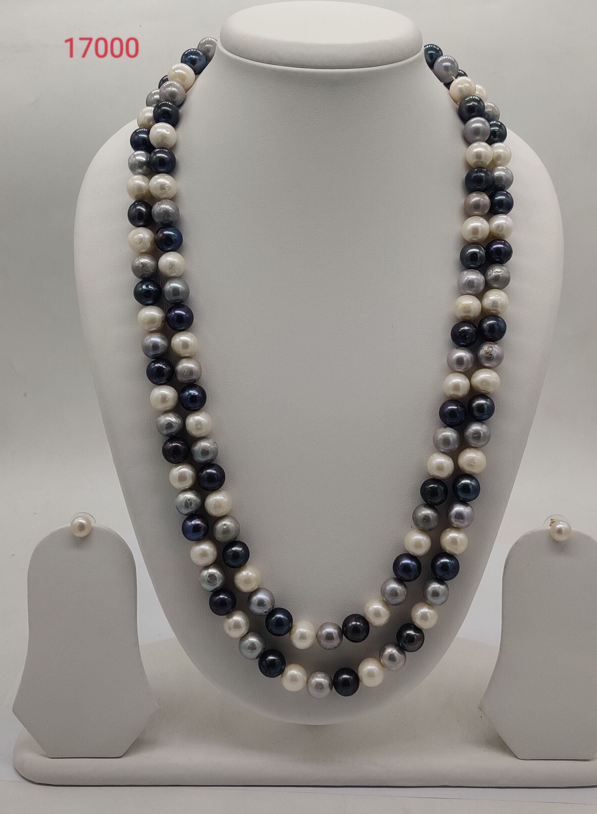 double-strand white, grey, and dark freshwater pearl necklace and earrings set