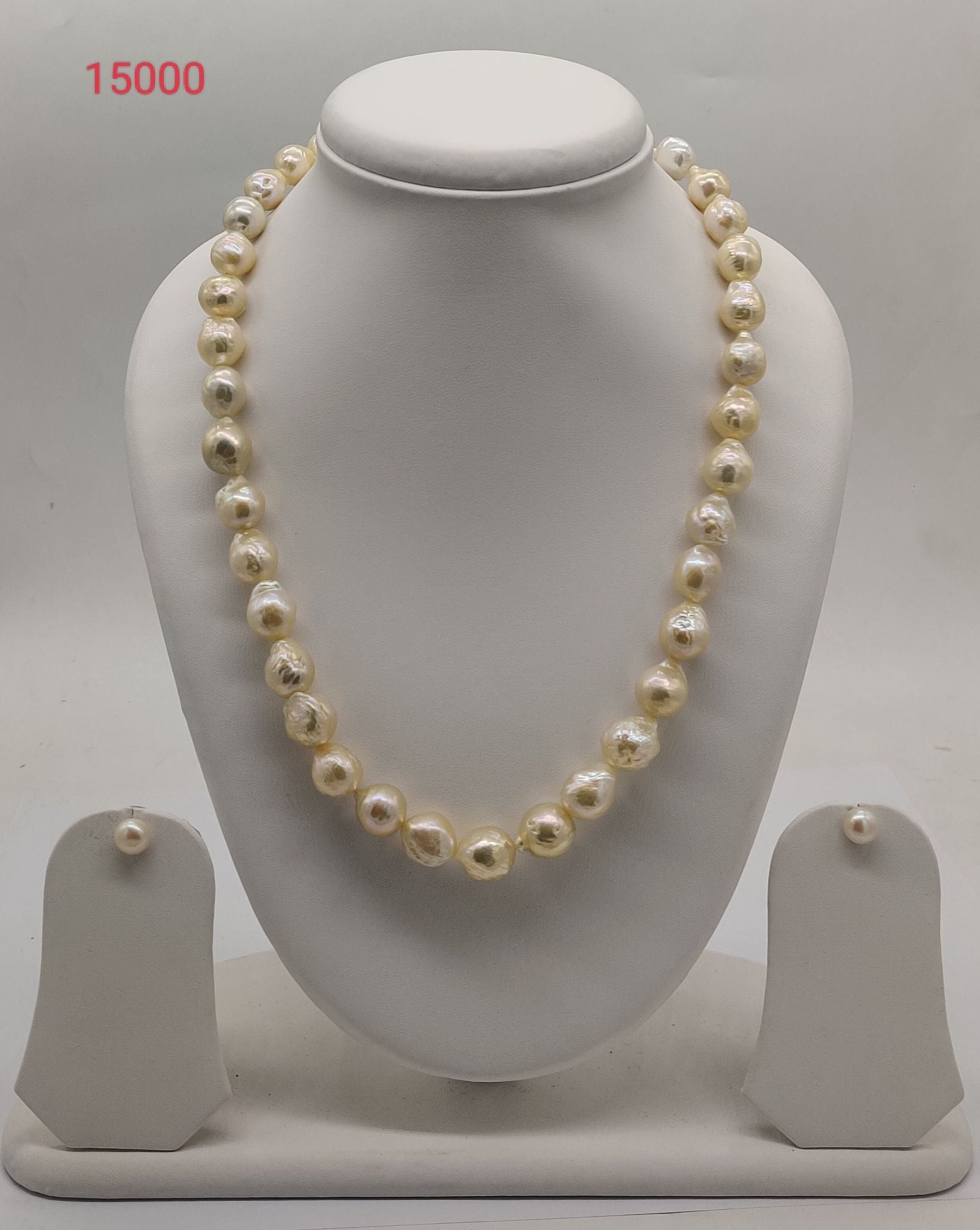 single-strand white baroque freshwater pearl necklace and earrings set J