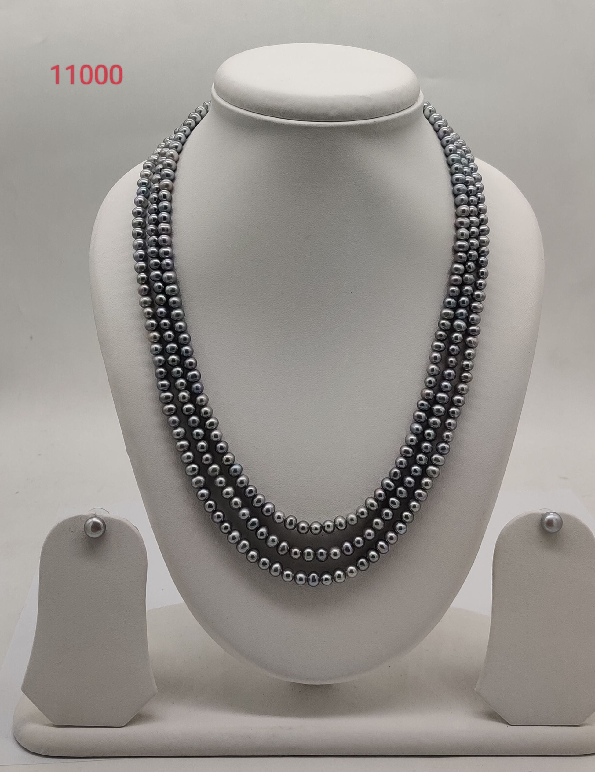 three strand dark grey freshwater pearl necklace and earrings set