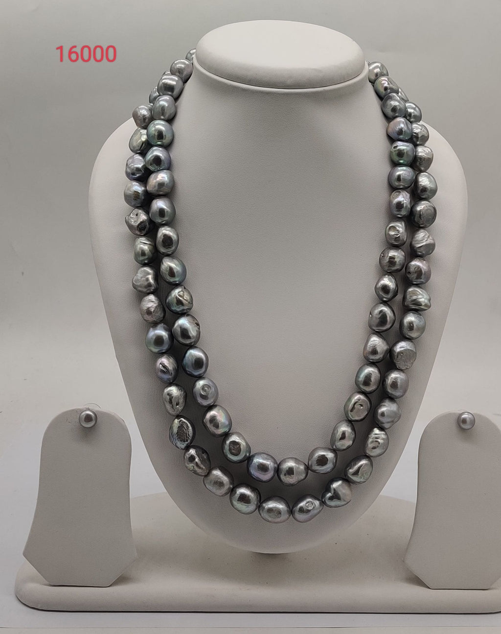 two strand grey baroque freshwater pearl necklace and earrings set