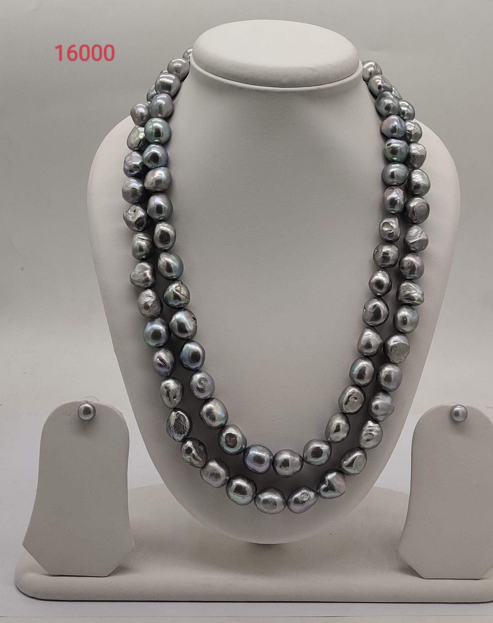 two strand grey baroque freshwater pearl necklace and earrings set