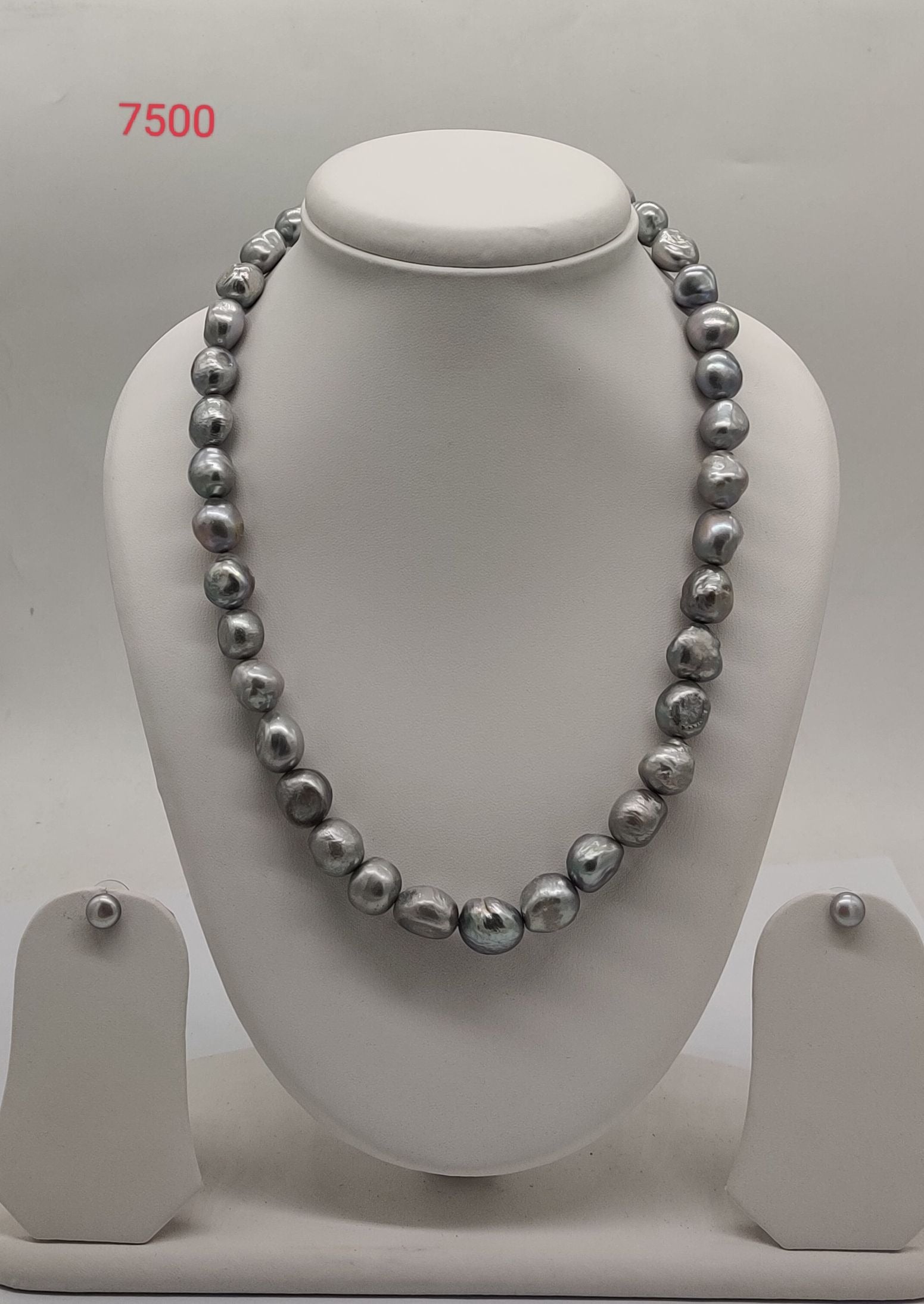 single strand grey baroque freshwater pearl necklace and earrings set