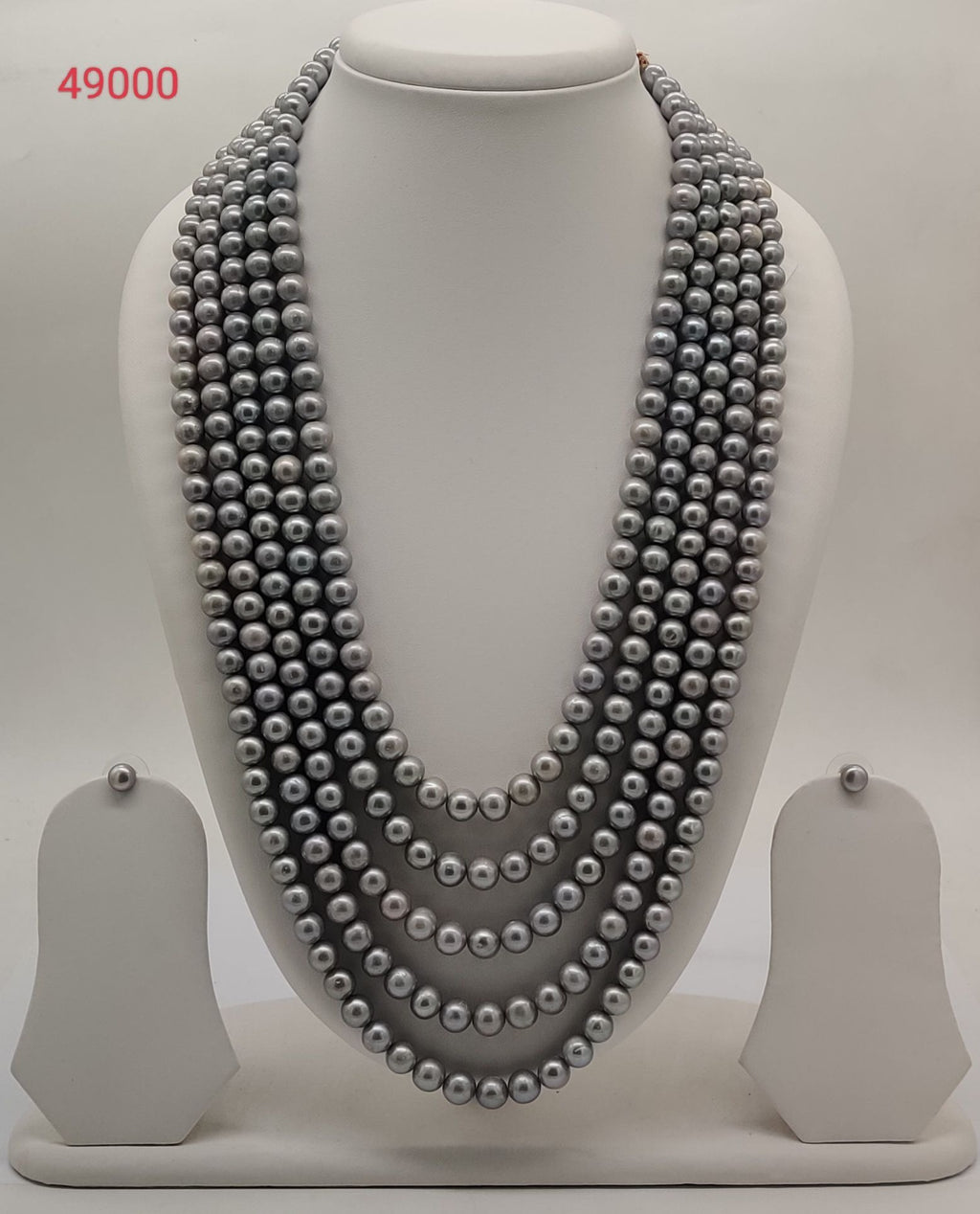 five strand round grey freshwater pearl necklace and earrings set