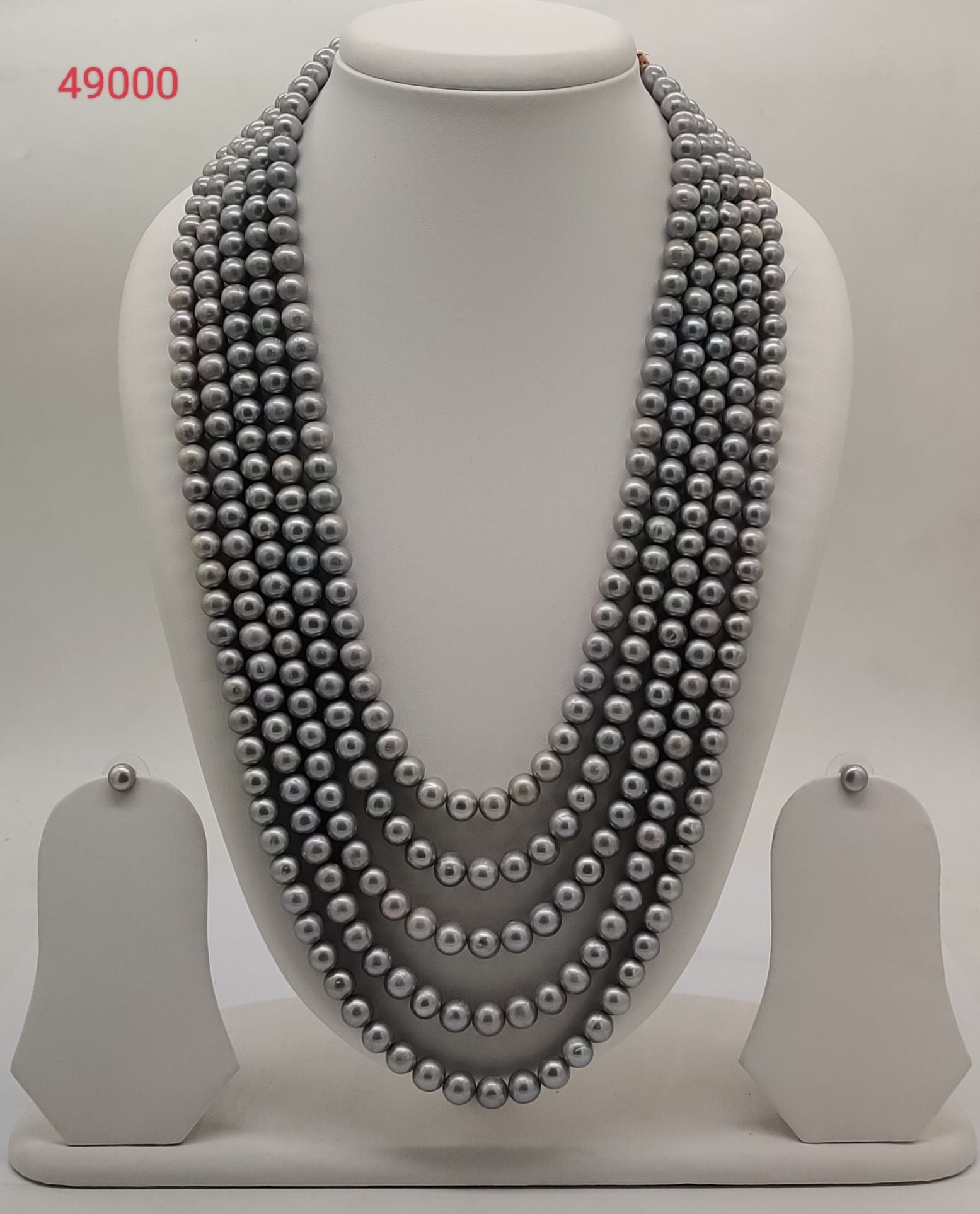 five strand round grey freshwater pearl necklace and earrings set