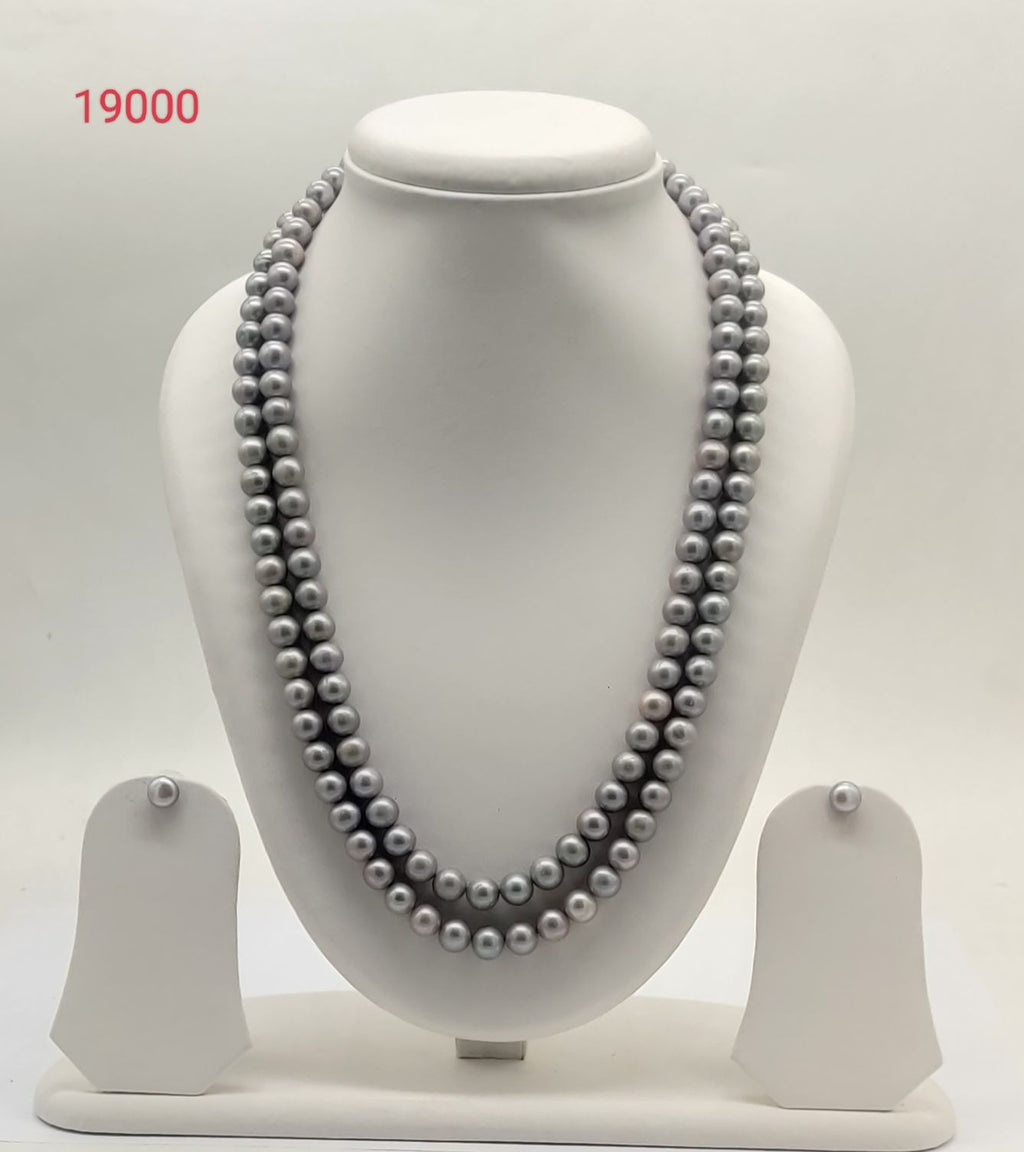 Double strand round grey freshwater pearl necklace and earrings set