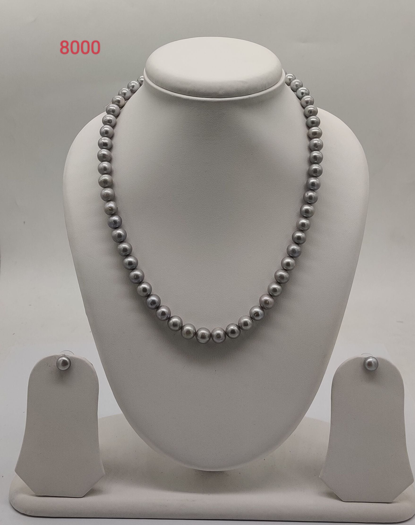 Single strand round grey freshwater pearl necklace and earrings set