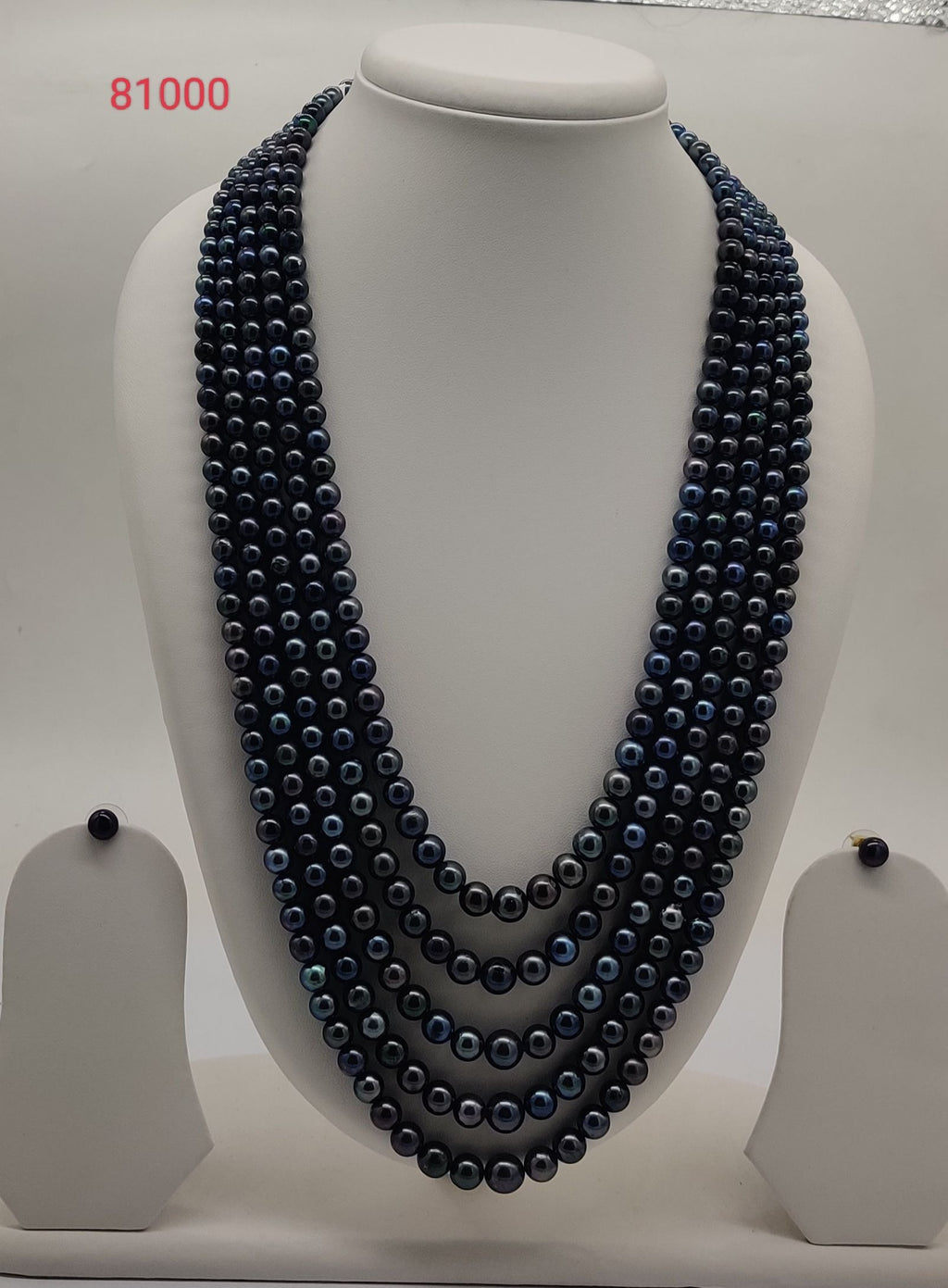 five strand blue round freshwater pearl necklace and earrings set