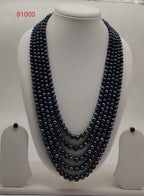 five strand blue round freshwater pearl necklace and earrings set