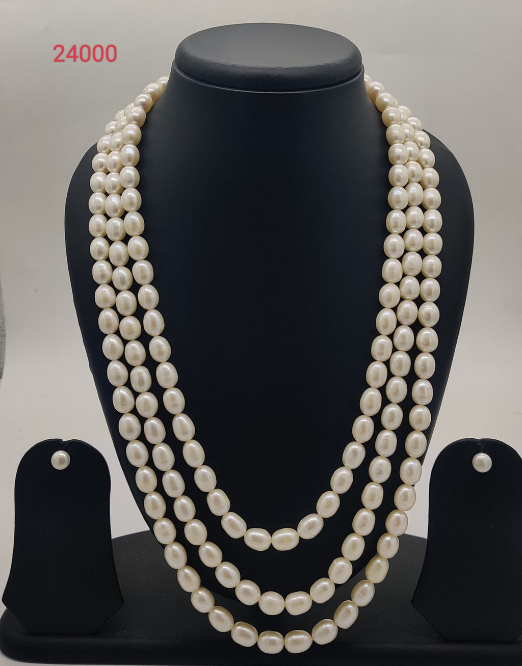 three strand freshwater pearl necklace and earrings set ivory regal oval white pearls