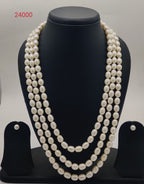 three strand freshwater pearl necklace and earrings set ivory regal oval white pearls