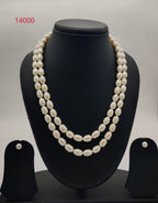 Double strand oval white freshwater pearl necklace and earrings set for women