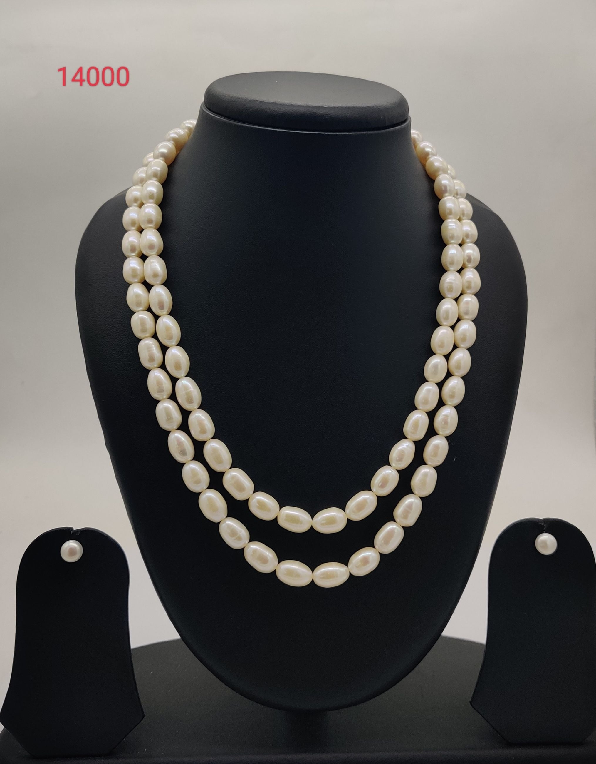 Double strand oval white freshwater pearl necklace and earrings set for women