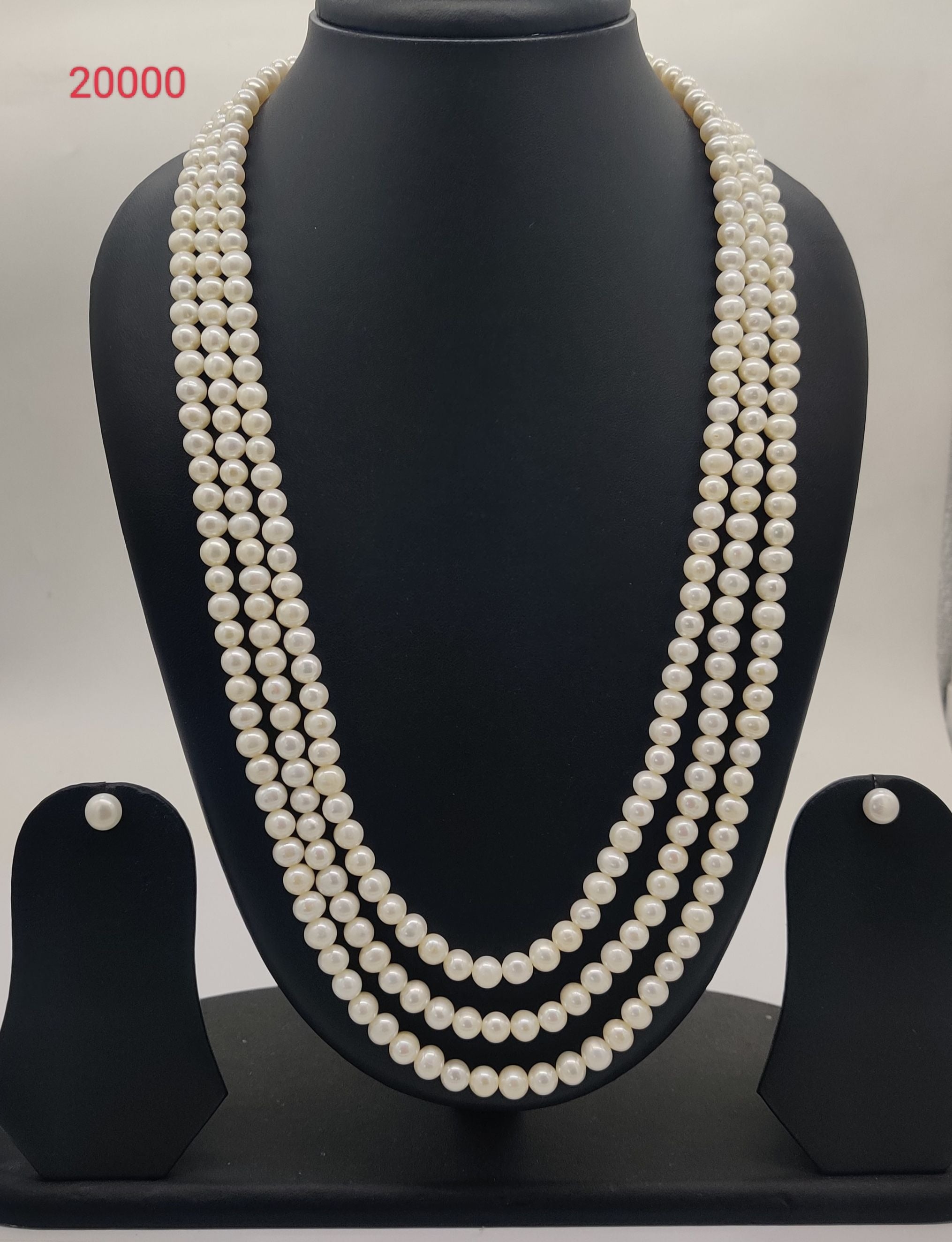 Triple-Strand White Freshwater Pearl Necklace Earring Set