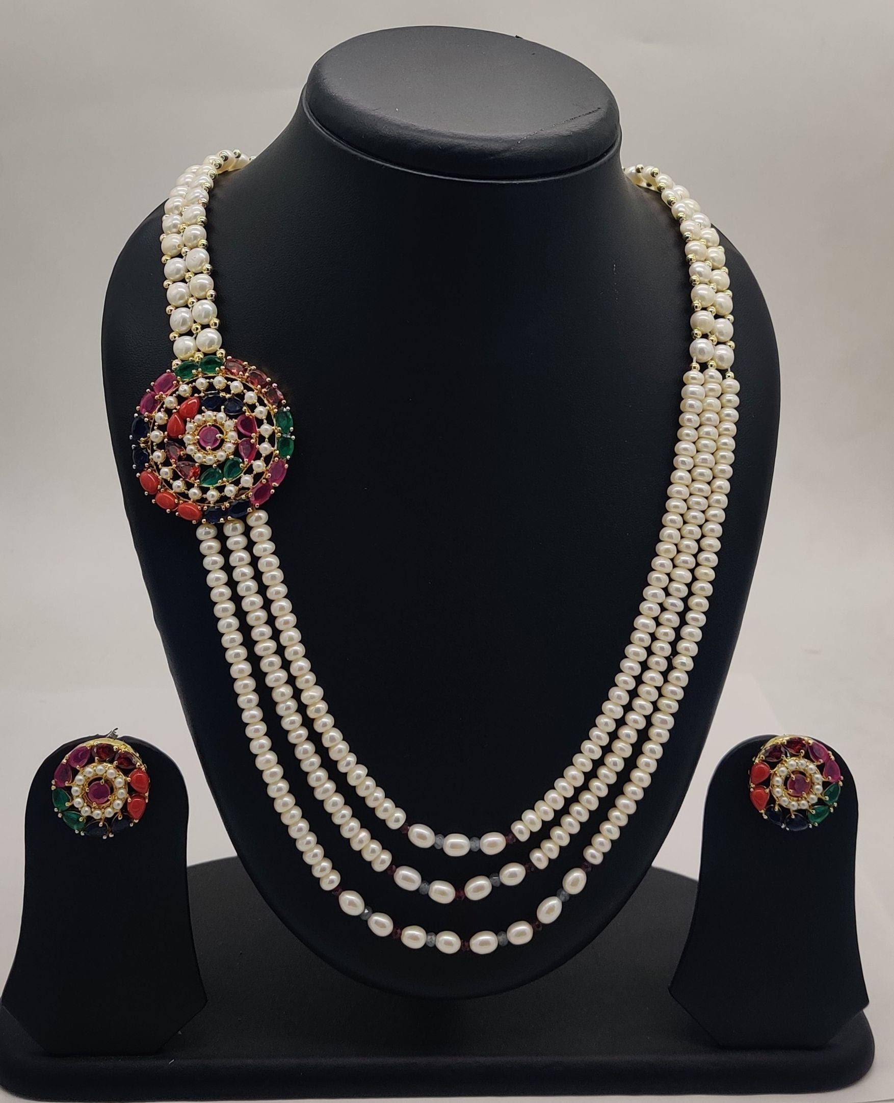 Celebration Gem Multi-Strand Freshwater Pearl Broach Set with Colourful Circular Pendant and Matching Stud Earrings