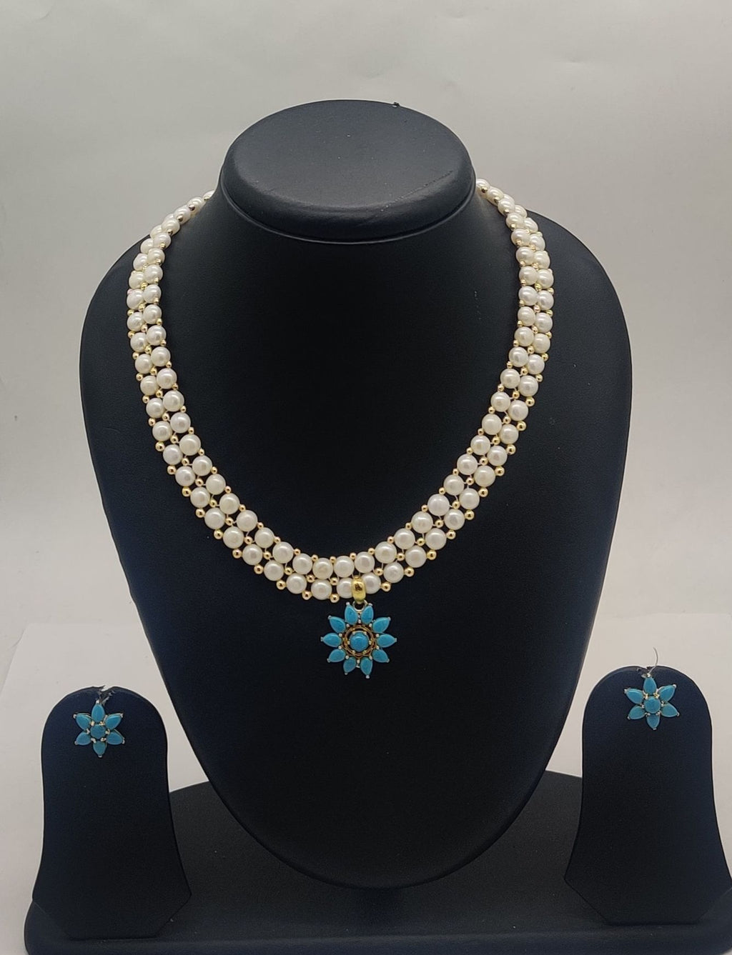 Turquoise Bloom freshwater pearl necklace and earrings set with floral pendant for women